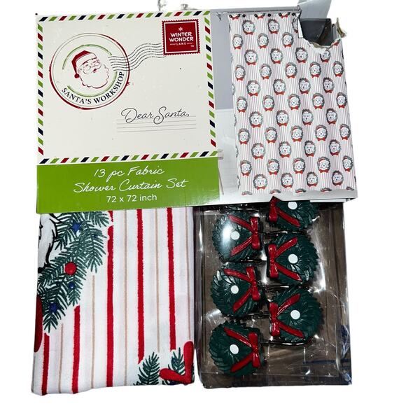Christmas Fabric Shower curtain set  Santa dog print with wreath hooks NEW - Picture 1 of 3